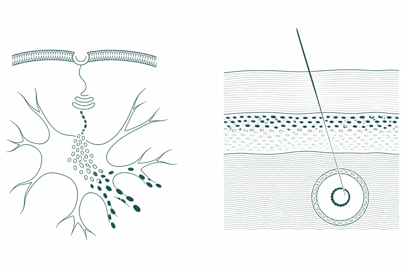 Scientific diagram with a pigment-producing cell whose receptor activation leads to dense granules on one side, and a layered skin cross-section in which an incoming light ray meets a small molecule within a vessel on the other