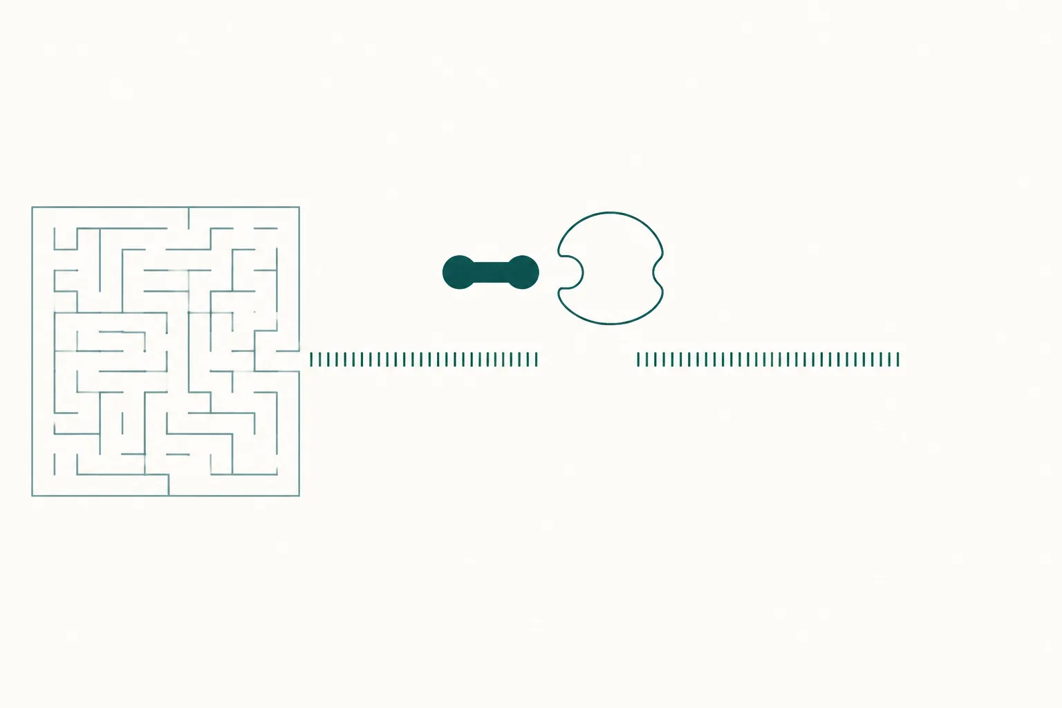 Diagram of a small capped molecule beside a larger receptor outline, above a long bridge with a gap in it running from a maze outline on the left to empty space on the right.