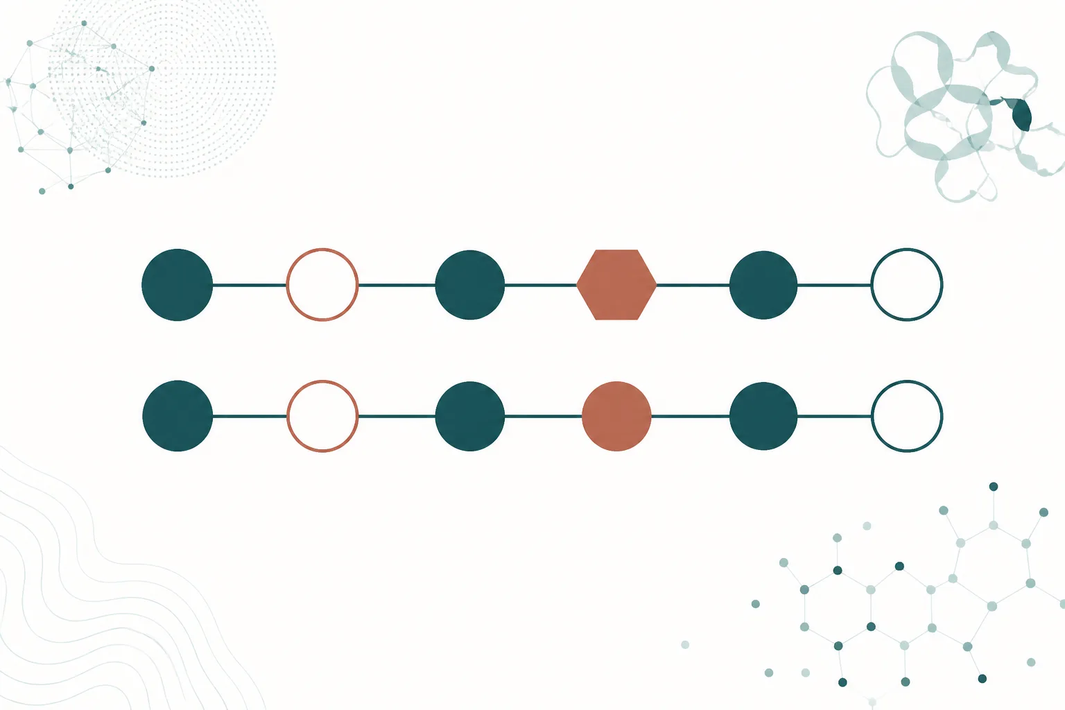 Abstract diagram of two six-node peptide chains side by side with subtly different node arrangements