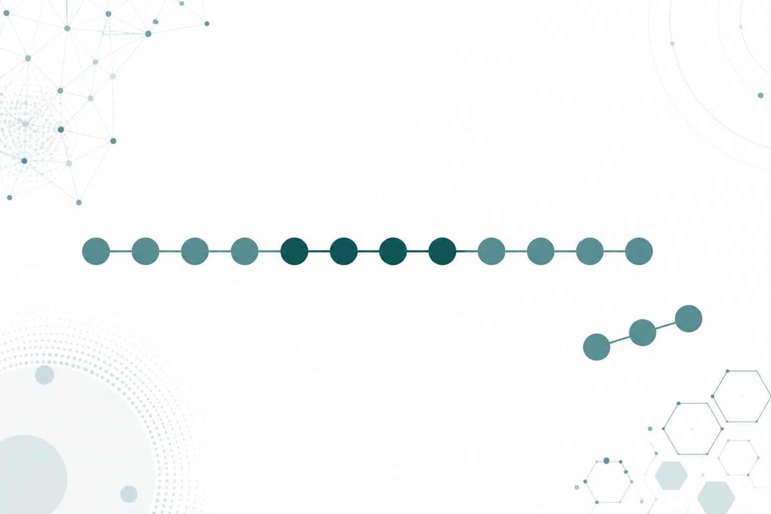 Abstract diagram of a thirteen-node peptide chain with a central four-node segment shaded and a terminal three-node segment separated to one side