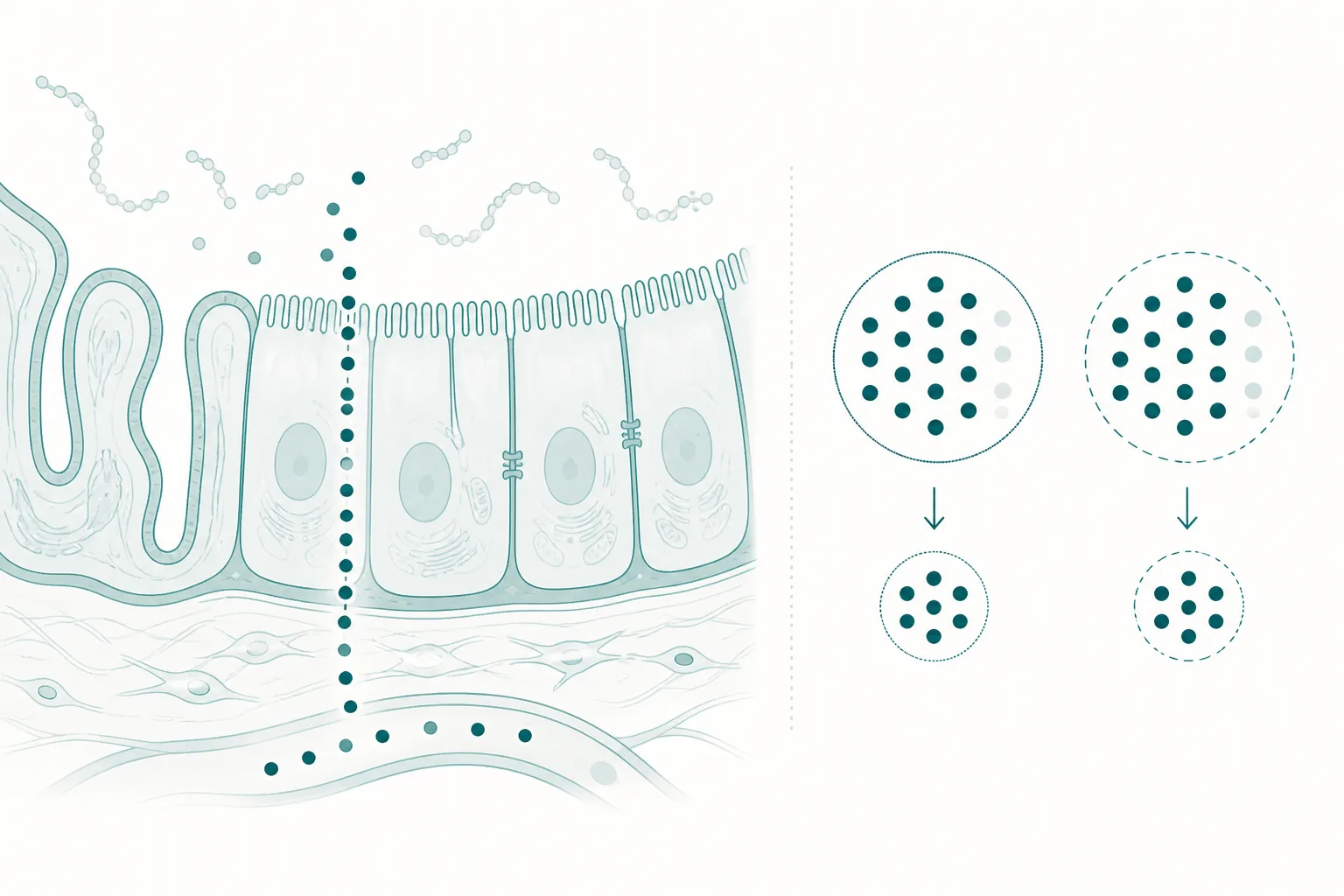 Gastric mucosal cross-section showing transcellular peptide passage beside a schematic comparing two estimand analysis populations