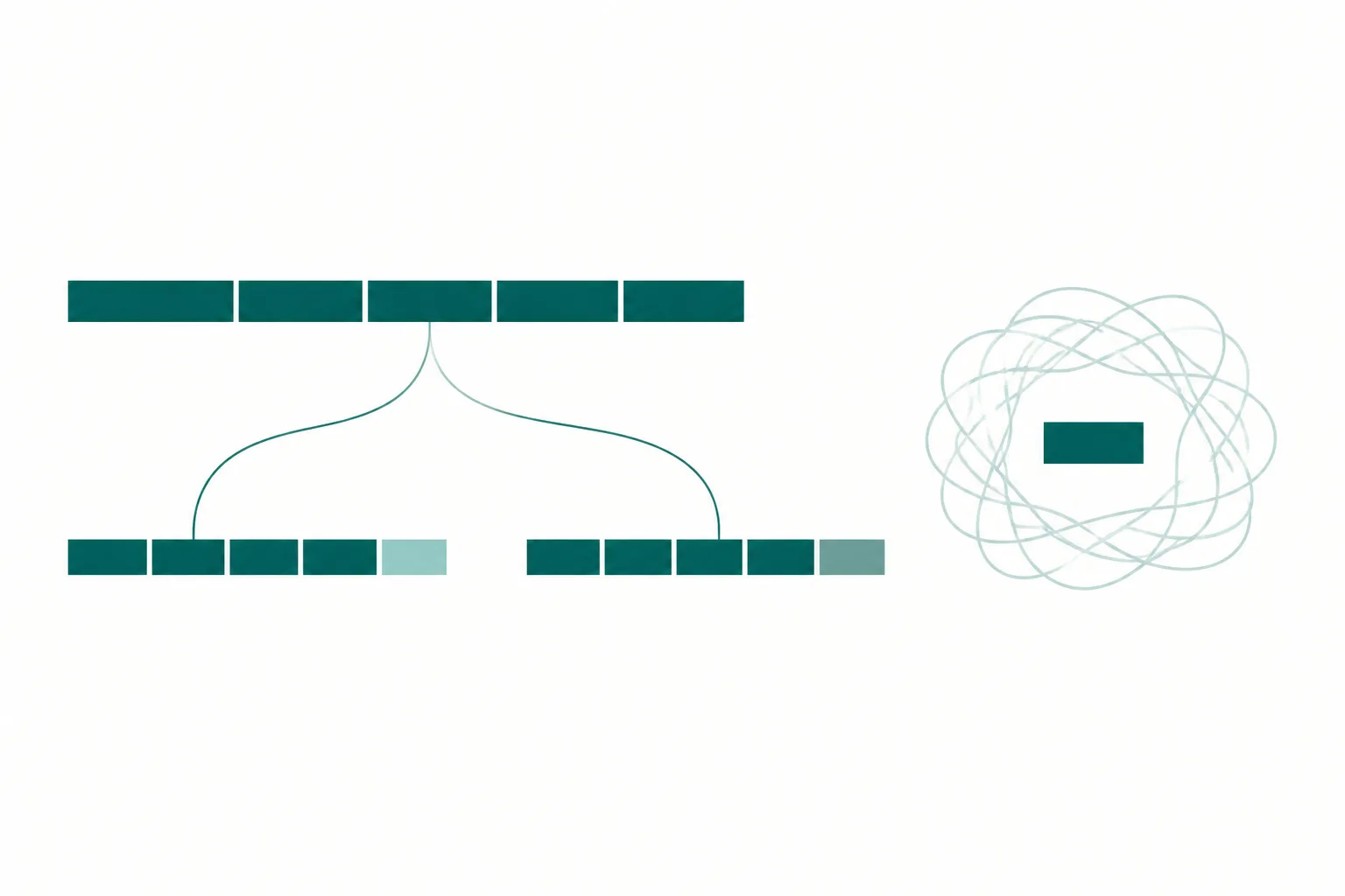 Diagram of one gene track splitting into two transcript paths that share a common body but end in different tail segments, with a short tail fragment lifted out and surrounded by a loose coiled halo.