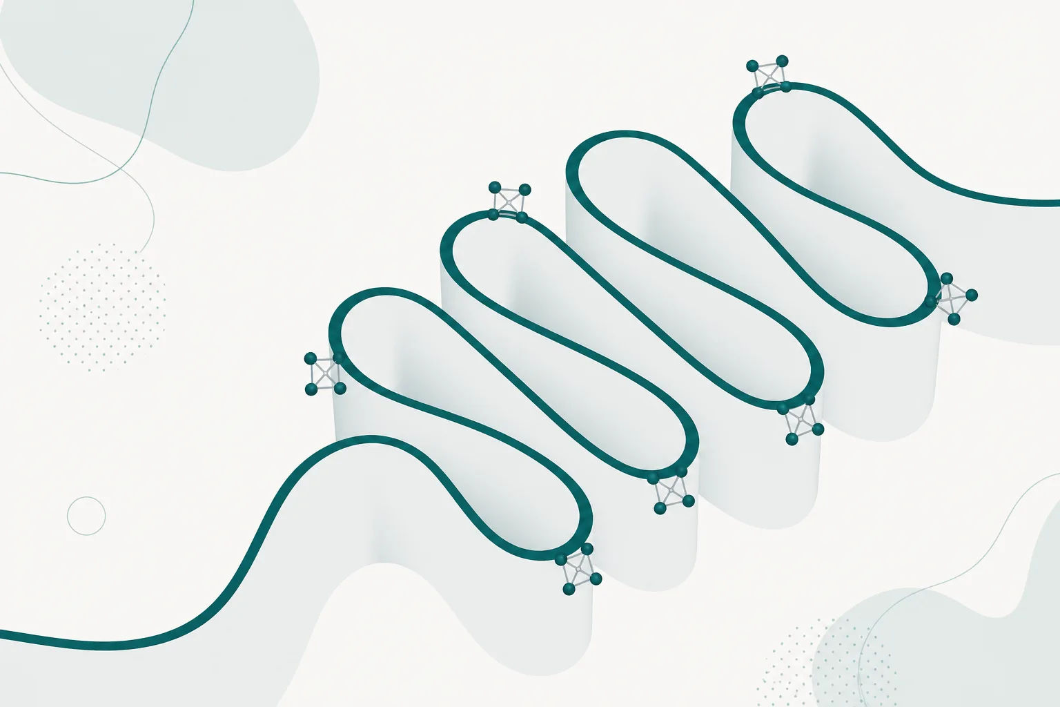 Abstract diagram of a deeply folded inner membrane with small four-node markers gathered along the tightest curves